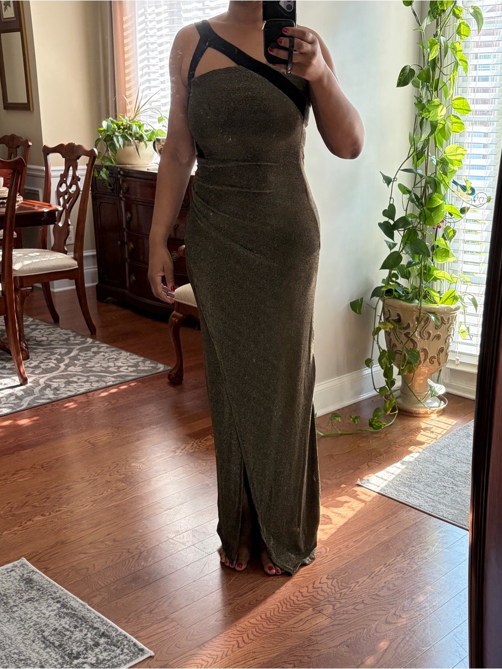 NEW WITH TAG / JLUXLABEL Olive/gold One-Shoulder Maxi Gown with Black Strap